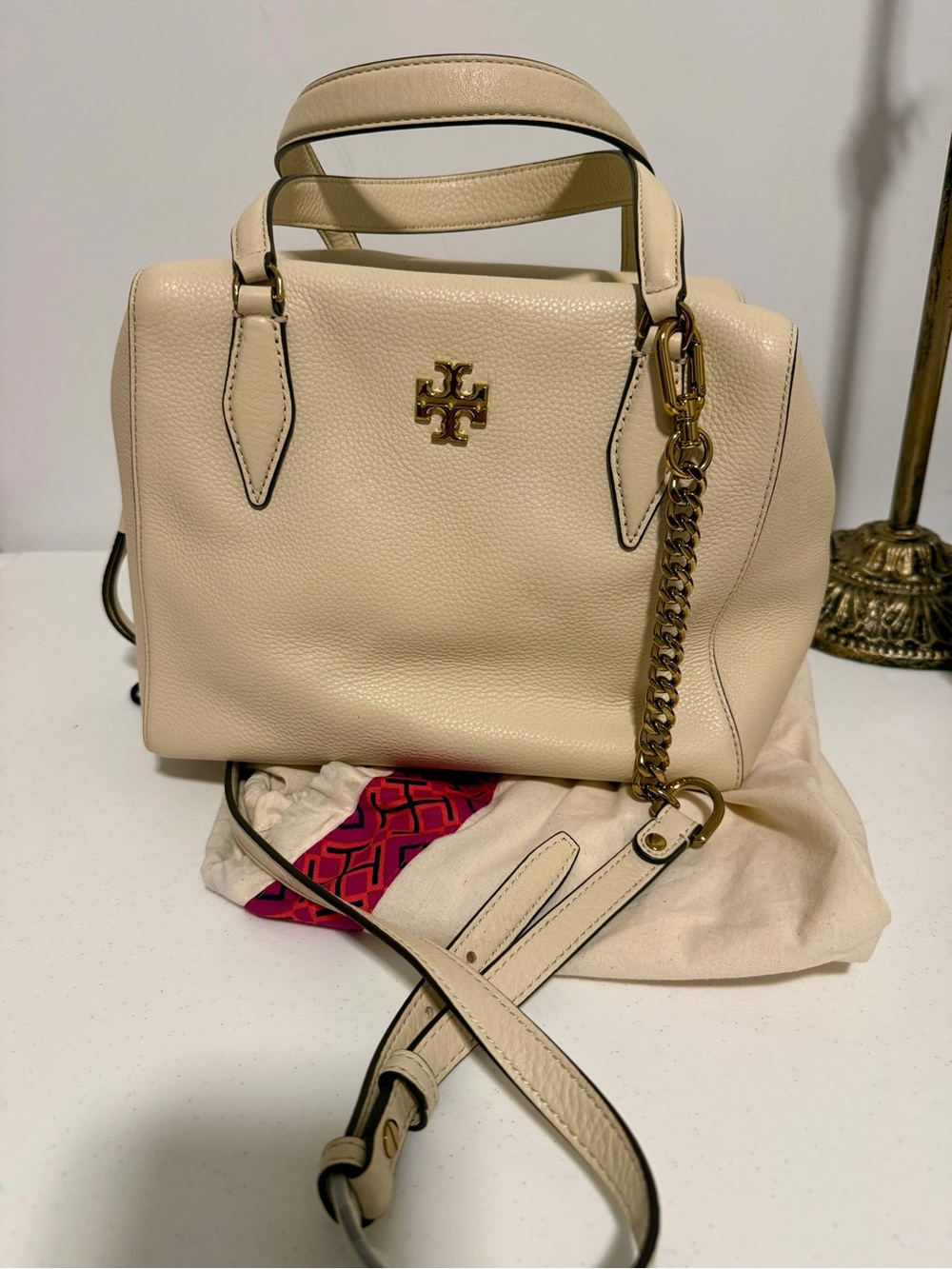 Tory Burch Kira Pebbled Leather Satchel in Cream